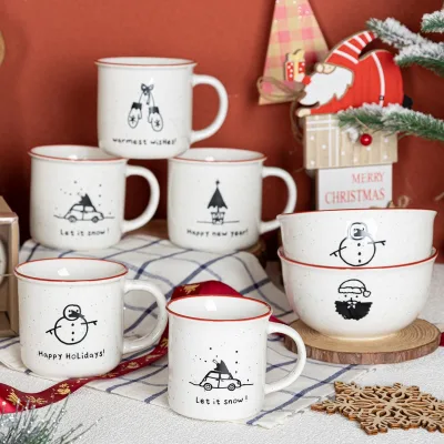 Hand Drawn Holiday Design Ceramic Mug and Bowl Set Christmas Themed Coffee & Tea Gift Set for Holiday Promotion