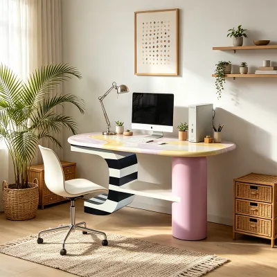 Ready Ship Marbled Gradient Oval Resin Art Desk Two-Tone Asymmetric Irregular Leg Computer Writing Table Living Room Traditional