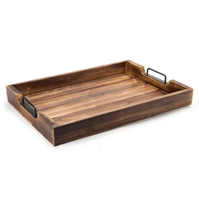 Large Rural Wooden Tray with High-quality Modern Black Metal Handle