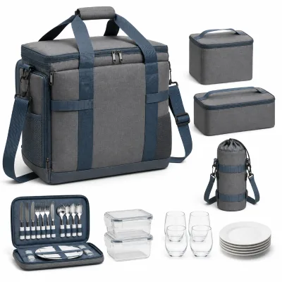Large Portable Polyester Picnic Cooler Bag Set Grey Insulated Tote Lunch Boxes Cutlery Case Bottle Carrier for Family Camping