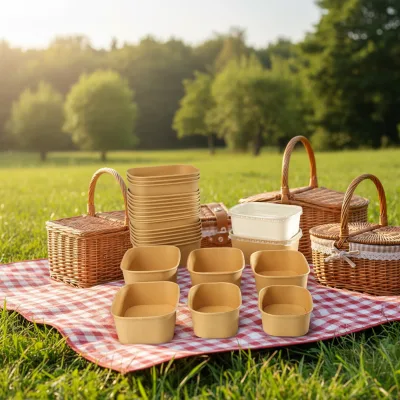 Hot Selling Nature Compostable Disposable Rectangular 580ml 650ml 750ml 1000ml Food Grade Kraft Paper Material Restaurant Use