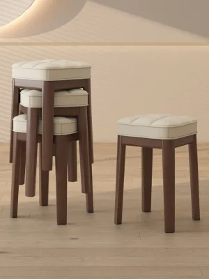 Gorange Walnut Wood Square Stool Solid Modern Minimalist Design PU Upholstered Dressing Stool Living Room Chair 3-Year Warranty