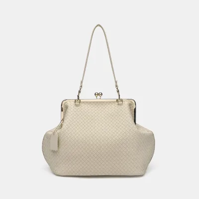Woven PU Clutch with Gold Metal Kiss Lock Frame Casual Evening & Daily Use Removable Shoulder Strap PU Polyester Women's Handbag