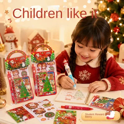 Portable Gift Box 10-Color Pen A7 Spiral Notebook Sticker Magnetic Bookmark for Student Reward Mini Christmas Stationery Set