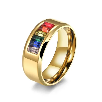 8mm Rainbow Rhinestone LGBTQ Flag Ring Inlay Proposal Engagement Wedding Couple Rings for Men and Women