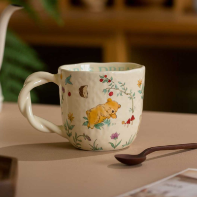 Ceramic Cup with Creative Twisted Handle for Home and Office Use - Cartoon Style Water Cup for Milk and Coffee.