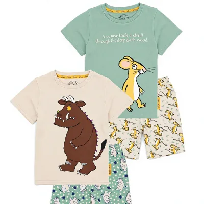 Children's Summer 2 Pack Soft Pyjamas | Boys Girls Toddlers Beige/Green Short Sleeve T-Shirt Shorts Set | 100% Cotton