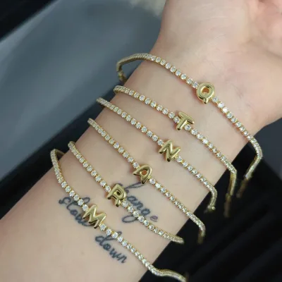 Wholesale Trendy Letter Tennis Bracelet Pave Sparkling Zircon Adjustable Delicate Minimalist Fashion Jewelry for Women