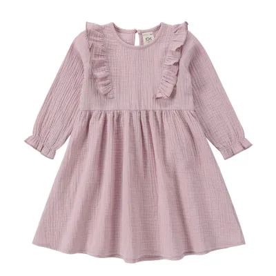 Summer Organic Cotton Puff Sleeve Ruffle Long Sleeve Baby Girl Party Dress Breathable Eco-Friendly