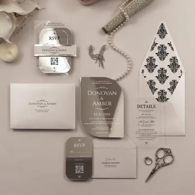 Luxury Silver Mirror Acrylic Wedding Invitation Set White Printed Elegant Modern Invite for Engagements&Special Events