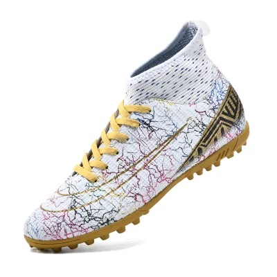 Breathable High Top Football Boots TF Soccer Shoes Knit Collar for Artificial Grass Sports