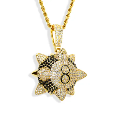 Hip Hop Jewelry CZ Meteor Hammer Pendant Number 8 Ball Charm Necklace Mens Gold Plated Cubic Zirconia Iced Out Pendant