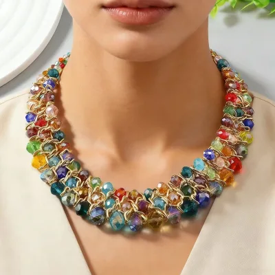 Dopamine Color Double-Strand Crystal Necklace, Vibrant Retro Beaded Jewelry, Premium Versatile Chain for Spring Summer