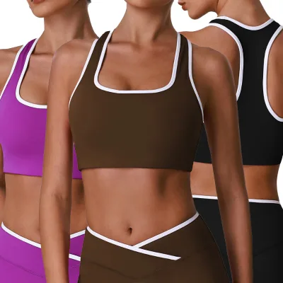 Contrast Color Sports Yoga Bra Racerback Workout Crop Top Stretchy Breathable Athletic Activewear for Daily Training Exercise