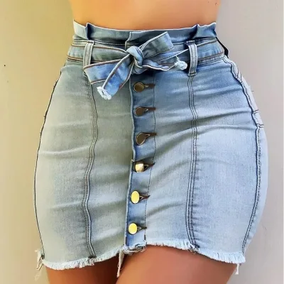 Custom Button Mini Denim Skirt for Women Summer Casual Short Jeans with Pleated Silhouette Plus Size Option Sexy for Ladies