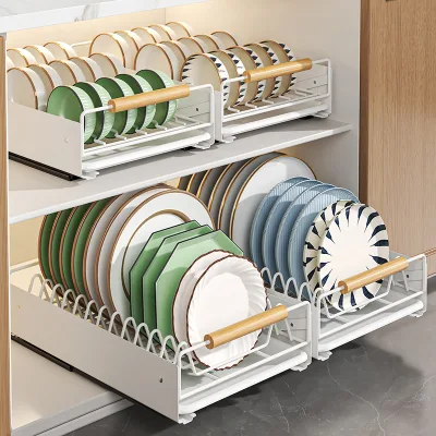 Built-in Pull-Out Dish Rack Drawer Kitchen Storage Dinnerware Dish Rack Cabinet with Separated Dish Basket Metal