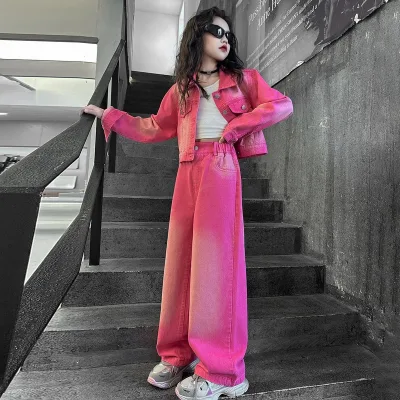 Girls Denim Suits Spring and Autumn New Girls Fashion American Loose Gradient pink Jacket Wide-leg Pants Two-piece Suit