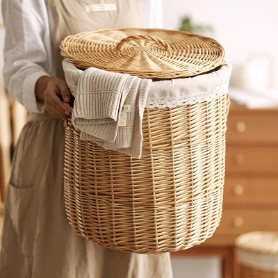 New Design Round Natural Wicker Classical Simple Wicker Laundry Basket With LidFor Cloth Toy Storage