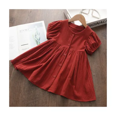 Children Summer New Girls Dress Girls Simple Elegant Cotton and Linen Puffed Sleeve Princess Dress