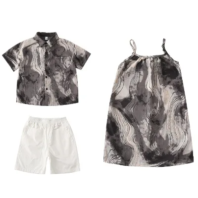 Factory Direct Sales Infant Baby New Seaside Vacation Beach Shirt Suspenders Two-piece Dress Parent-child Wear