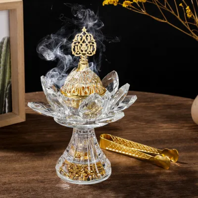 Arabian Religious Eco-friendly Glass Aromatherapy Stove Cross-Border Incense Burner Small Flower Gold Grain Seat Middle