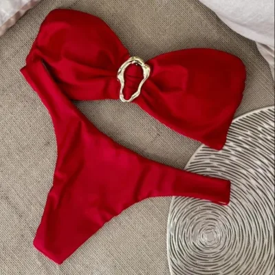 2024 New Bikini Sexy European and American Bikini Tube Top Solid Color Cross-Border Foreign Trade Women's Swimsuit Swimsuit