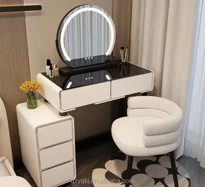 Modern Creamy Style Small-Sized Dressing Table with Rock Board & Tempered Glass Simple Luxury Makeup Vanity