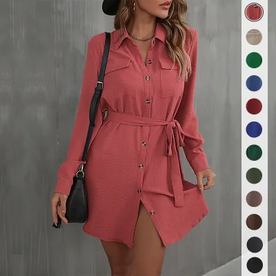 Fashionable Dress With Red Long-sleeved Collar Blouse Style