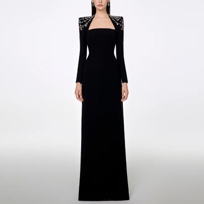 New Designer Fashion Square Collar Long Sleeve Dress Beads Rhinestones