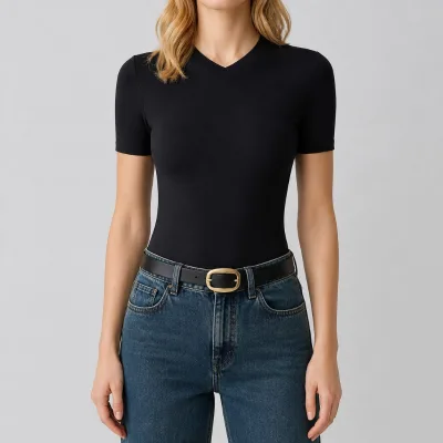 Womens Black V Neck T Shirt Slim Fit Short Sleeve Daily Wear Private Label Custom Clothing Manufacturer