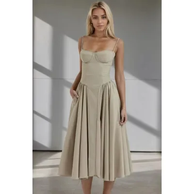 Green Spandex Satin Elegant Evening Dress Corset & Pleated Waist Solid Color Sexy and Casual Hip Hop Style for Summer
