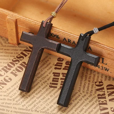Retro Religious Long Wood Cross Pendant Necklace for Men Women Couple