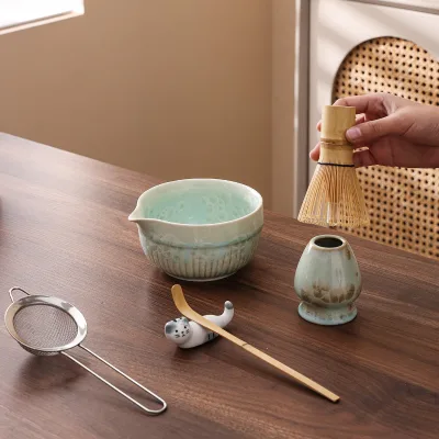 Harmony Matcha Whisk Set-Japanese Luxury Style Eco-Friendly Bamboo Ceramic Chawan Stainless Steel Components Cat Rest Whisk