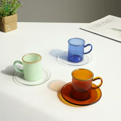 Wholesale 90ml European Luxury Espresso Borosilicate Glass Customized Logo Cup Saucer Set Dishwasher Safe BPA Free