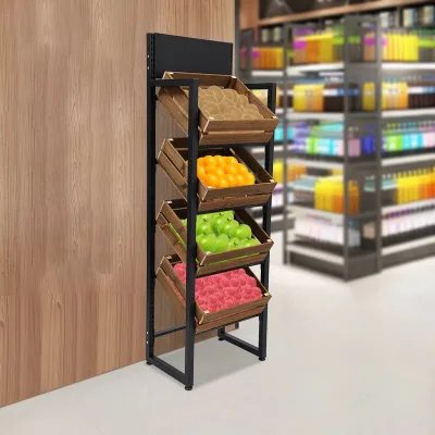 Slanted Solid Oak Wood 4-Compartment Store Produce Display Rack | Modern Design Supermarket Showcase Home Bar Retail Use Fits