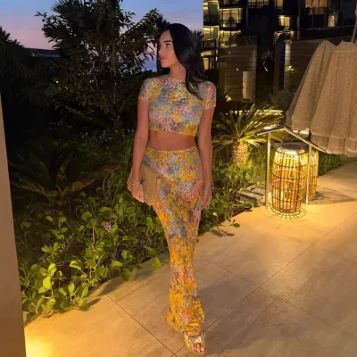 Spring and Summer Best-Selling Leisure All-Matching Printed Midriff-Baring Top Mid-Length Dress Set