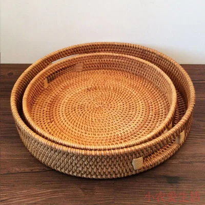 Snack for Coffee Table, Home Decorative Hand Woven Serving Basket with Cut - Out Handles Round Rattan Woven Serving Tray