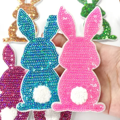 Hot Selling 4.48IN Sequin Iron on Cartoon Happy Easter Rabbit Bunny Sequin Patch for Girl Women Clothing Backpack Decoration