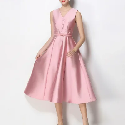 Wholesale of Boutique Clothing for Women's Elegant Summer New V-neck Sleeveless Banquet Solid Color Dress
