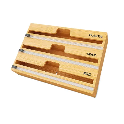 Fun Bamboo Plastic Wrap Storage Organizer Wooden Plastic Wrap With the Cutter