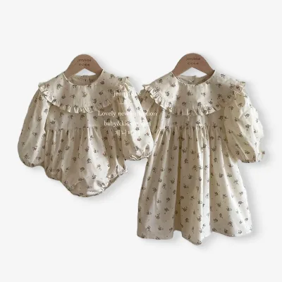 European American Style Summer Floral Romper Dress Set for Infants Toddlers Cotton Material Button Closure Sister Suit for Babi