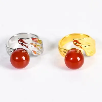 Natural crystal half-hole shaped ring Jade ring hand-made round bead crystal jewelry