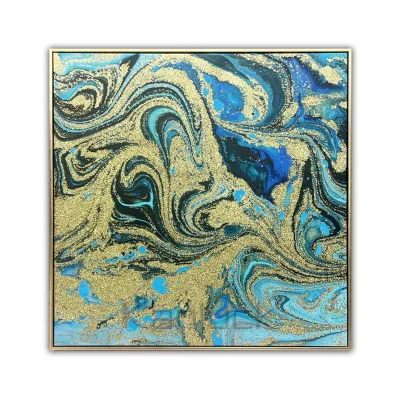 Minimalist Blue and Gold Marble Texture Chunky Embellished Wall Art Canvas Painting With Frame