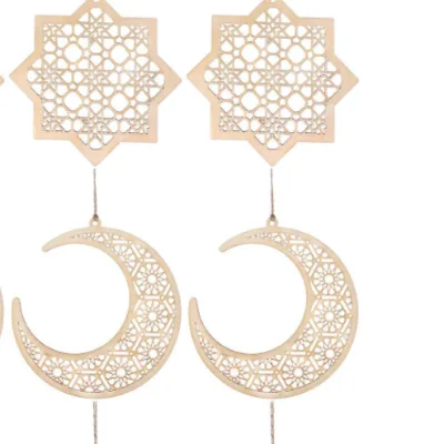 Wooden Pendant Ornament Ramadan Kareem Hollow Decoration Moon Star Wind Light Shape Pendant Ornament Rustic Happy Eid Hanging
