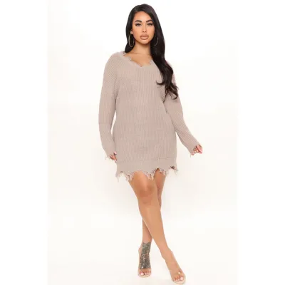 High Quality Vintage Loose Fitting V-neck Dress Knit Hole Sweater Dress.