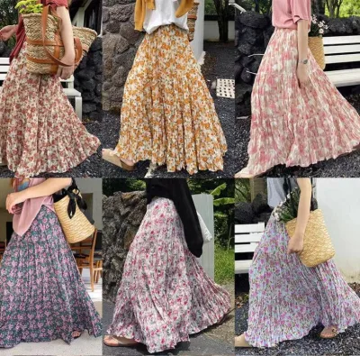 Summer Tassel Printed Plus Size Women's Skirt, Casual Loose Lace up Pleated Skirt, Fashionable Women's Beach Vacation Skirt