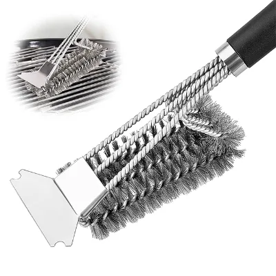 Efficient Stainless Steel BBQ Cleaning Brush Set with Long Plastic Handle and Scraper Metal Grill Tool