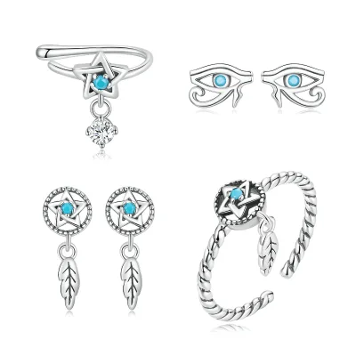 Women's Fashion Jewelry S925 Silver Zircon Oxidation Do Old Style Earrings Dream Catcher Pentagram Star Earrings