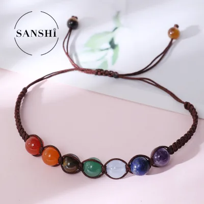 Natural Stone Beads Bracelet Women Yoga Healing Bangle 7 Chakra Reiki Natural Stone Adjustable Braided Bracelet