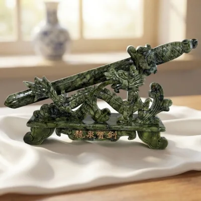Wholesale Hand Carved Serpentine Jade Carving Knife Natural Healing Green Xiuyan Jade Sword Carving Ornament for Decor